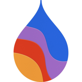 Colourful droplet-shaped logo with layered segments in blue, purple, red, and orange tones.